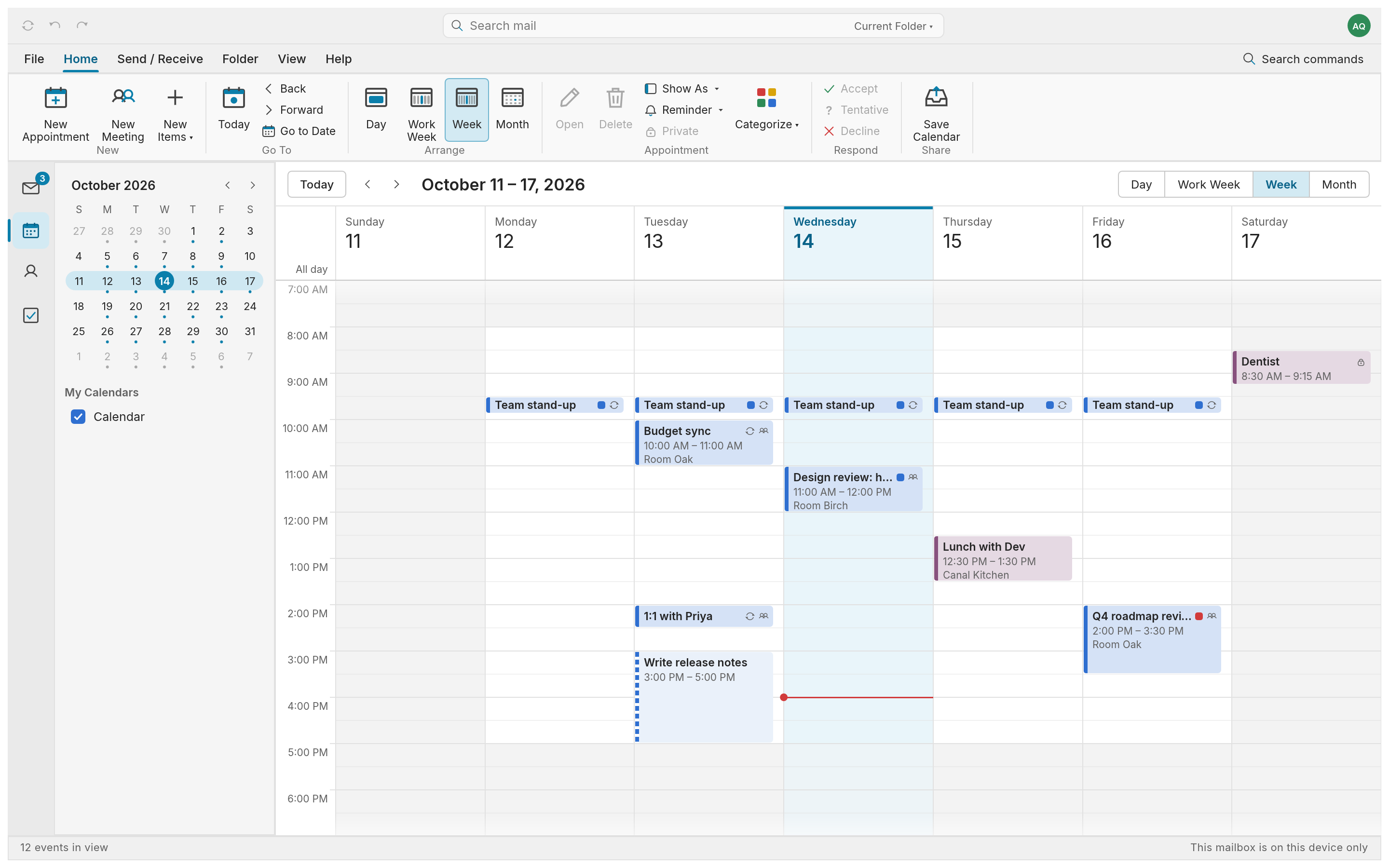 MailCraft’s light weekly calendar with fictional meetings, appointments and a miniature month view.