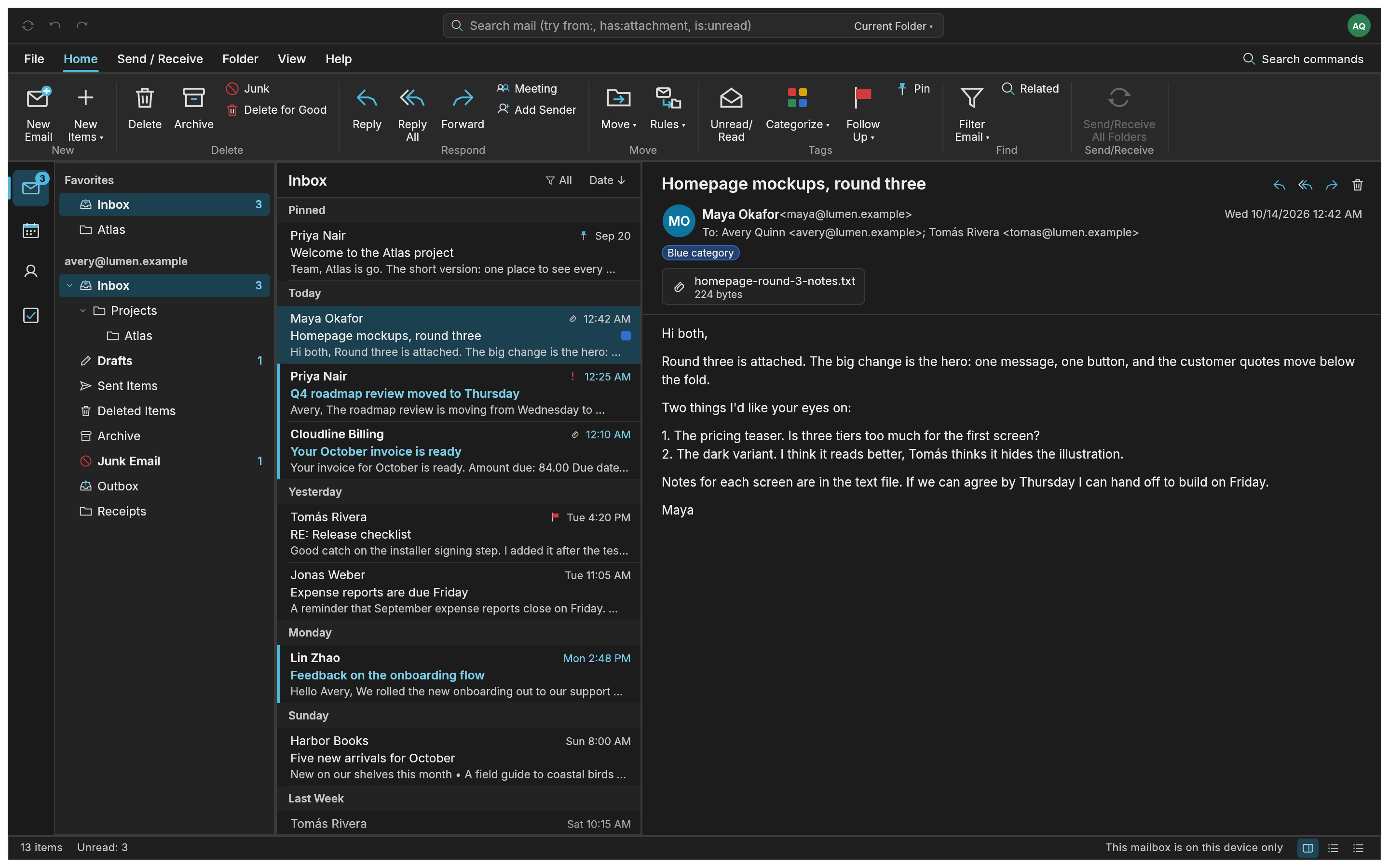 MailCraft’s dark mail workspace with folders, message list and a reading pane, using fictional sample messages.